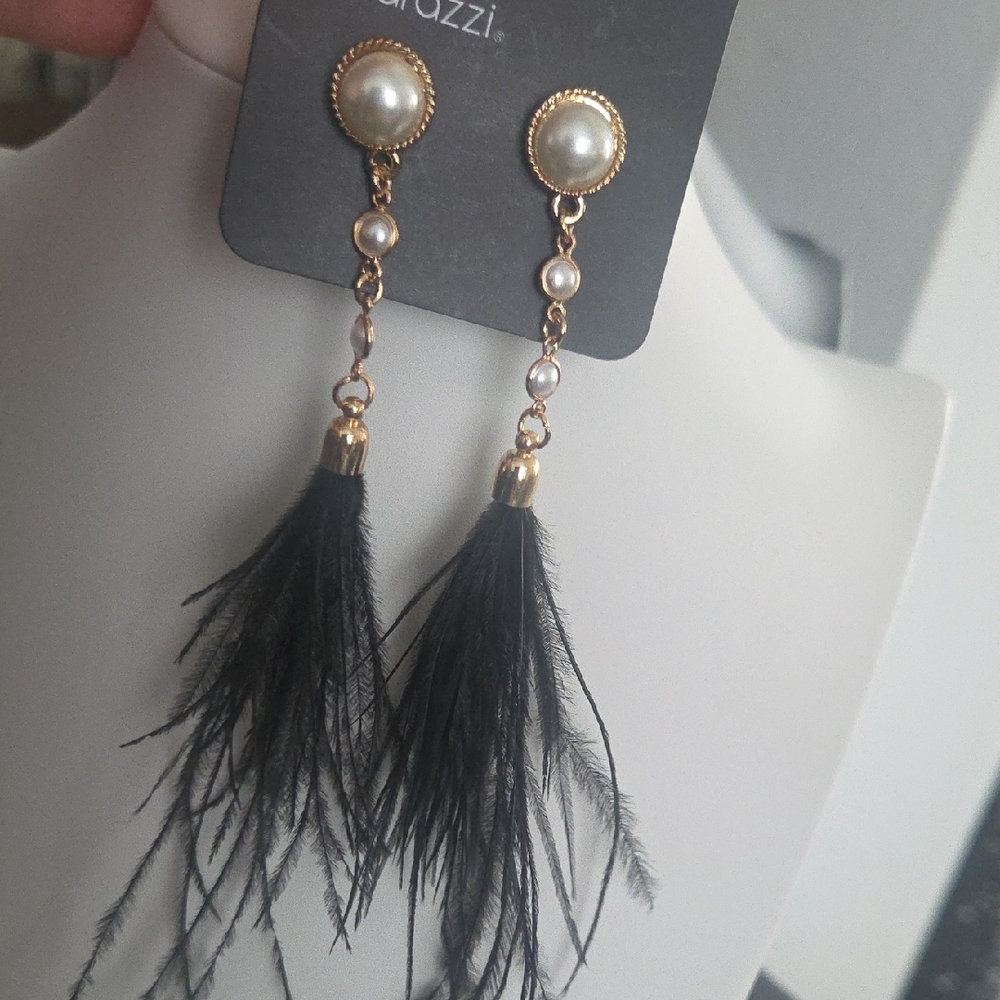 paparazzi Gold Pearl and Black Feather Drop Earrings